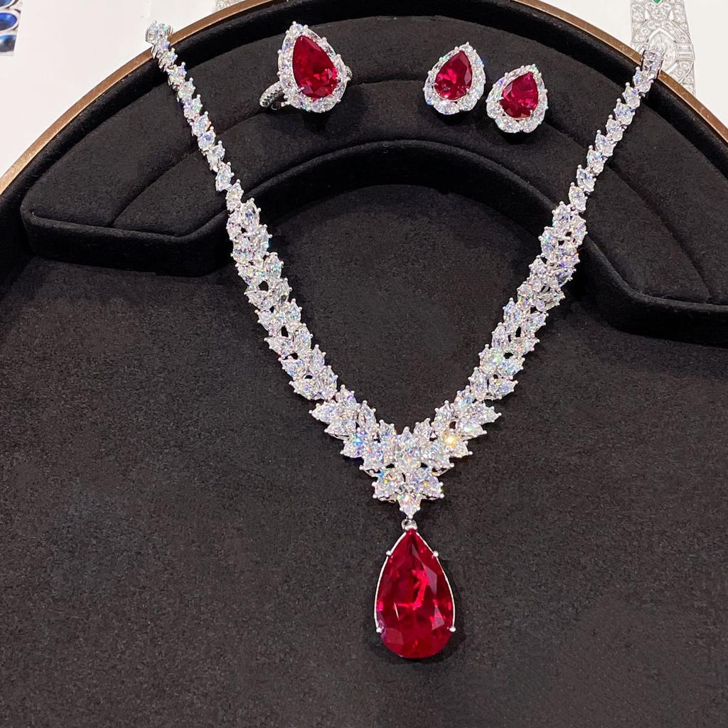 2025 Retro Ruby Jewelry Set 925 Sterling Silver Engagement Ring Earrings Necklace Women's Party Gift
