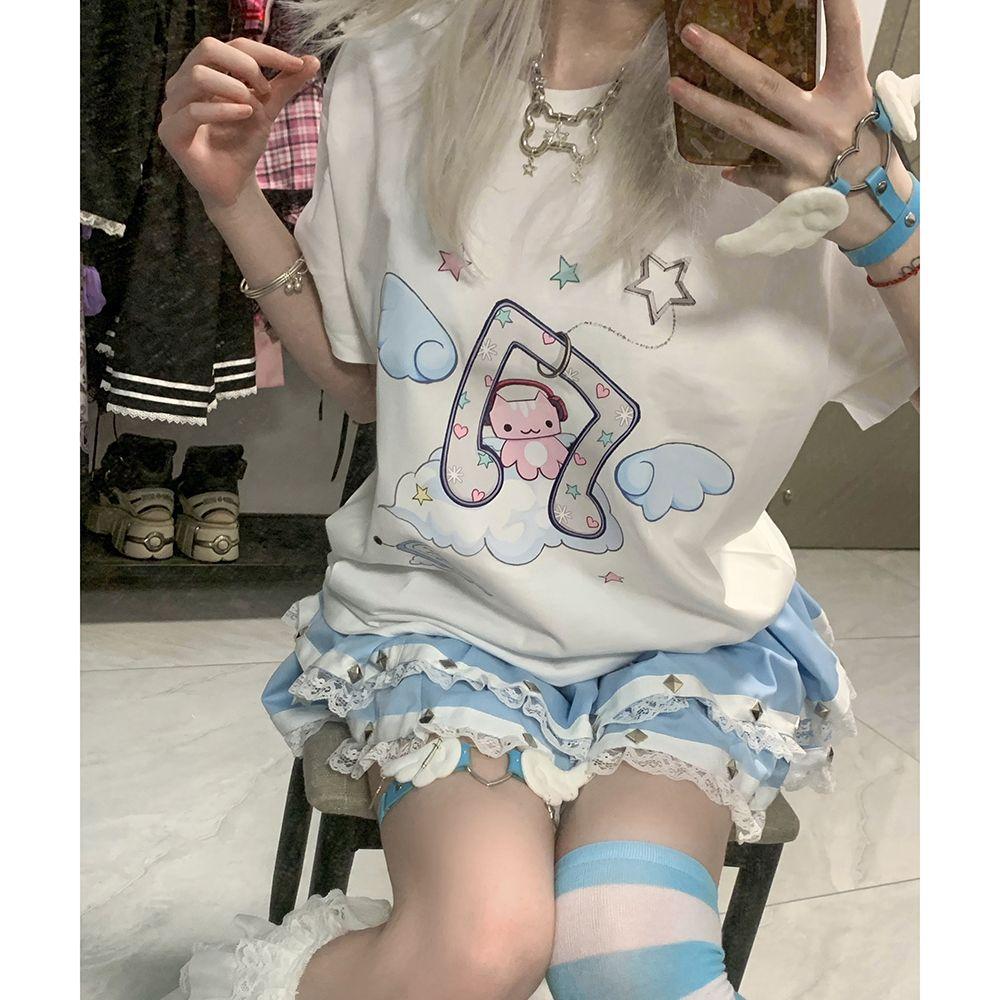 Sommer Kawaii Süße T-Shirts Damen Japanische Mode Harajuku Streetwear Cartoon-Druck Lockere T-Shirts Oberteile Weich Gril Y2k