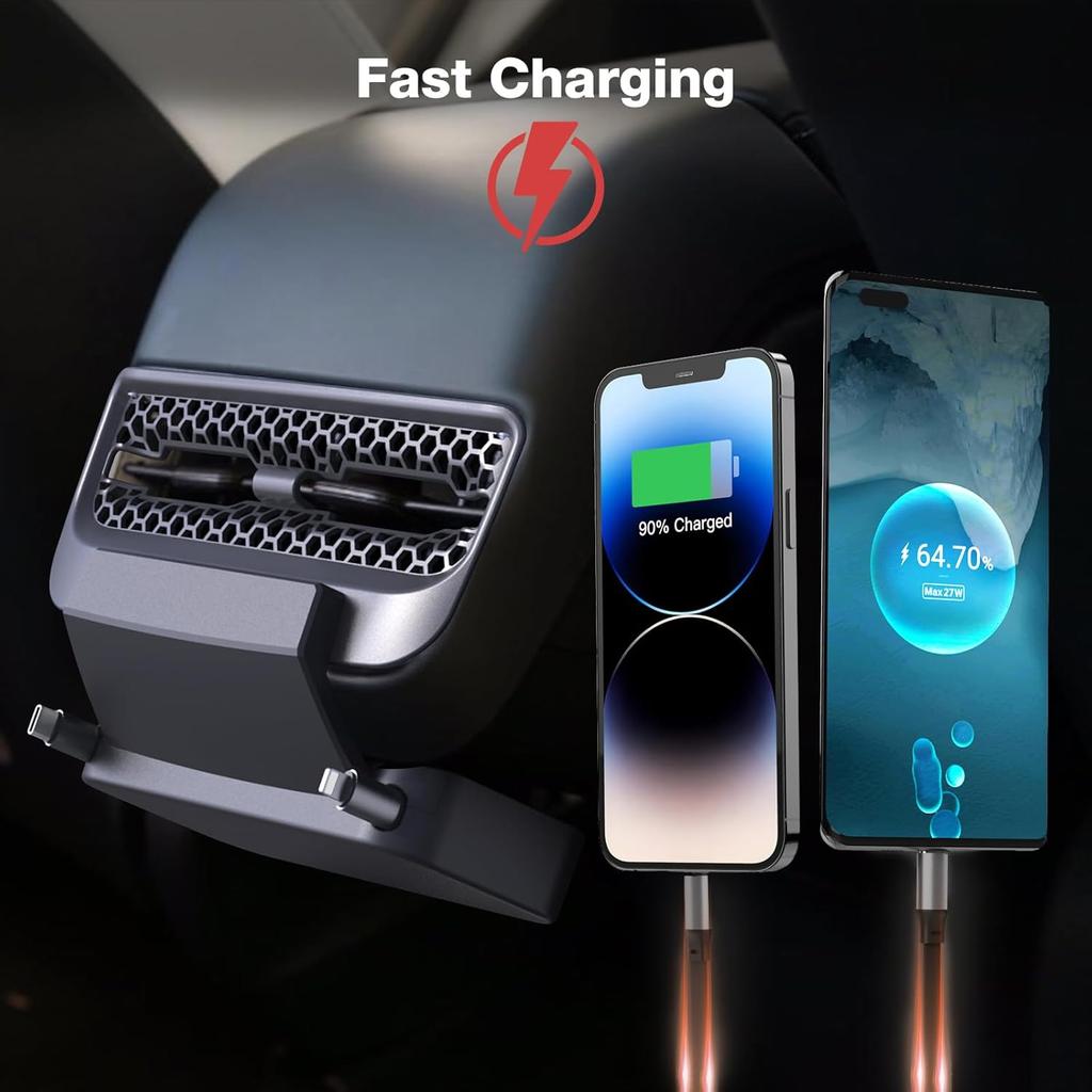Retractable Cord Car Phone Charger For Tesla Model 3 Model Y    2024, THELIFELICIOUS Interior Accessories Rear Air Outlet Expansion Dock With Fast
