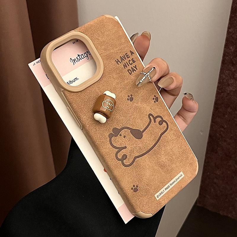 Three-dimensional Puppy for Apple 16 Promax Mobile Phone Case for IPhone 15 New Model 14 Brown Leather 13/12