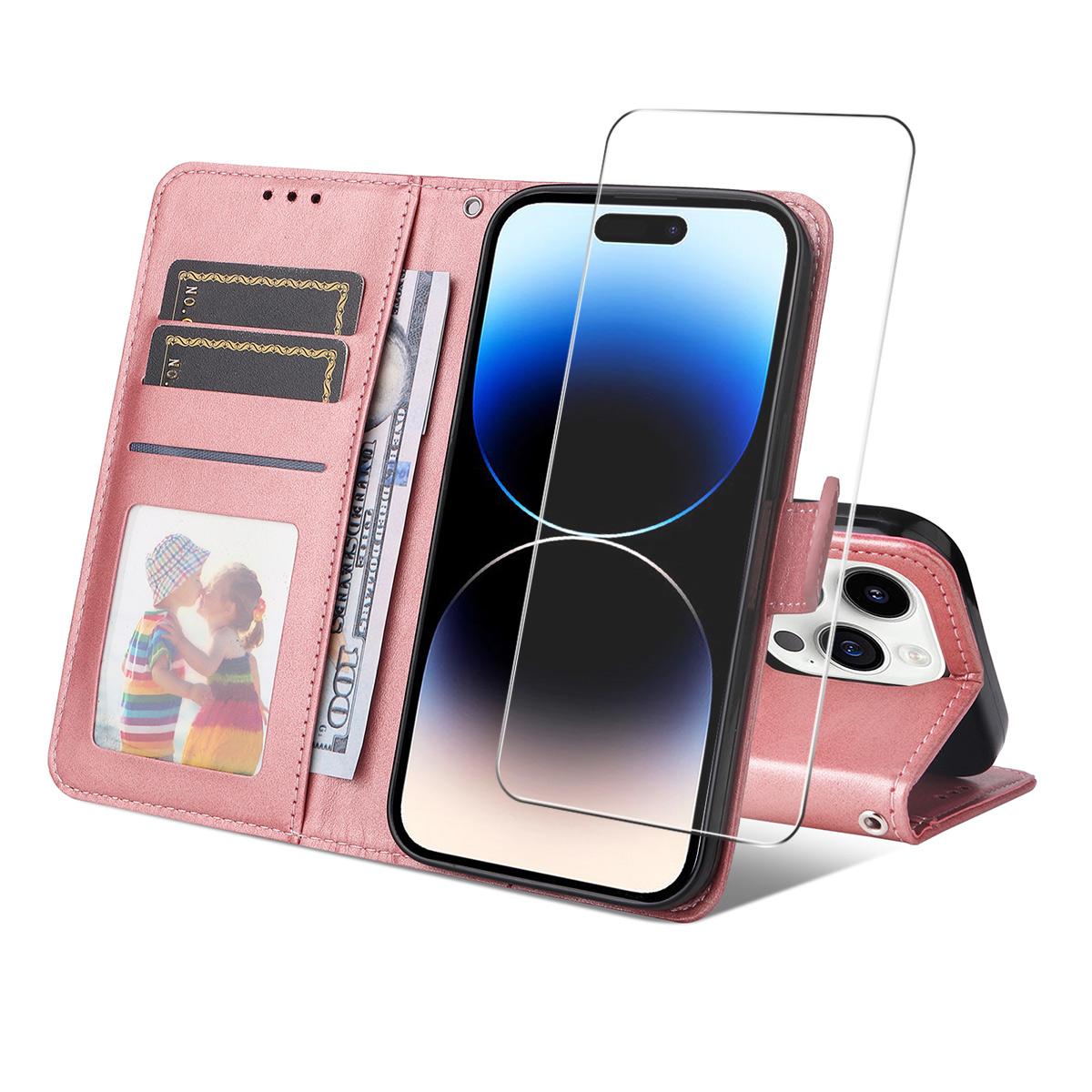 

For iPhone 15 Pro Max PU Leather Wallet Case ENKAY HAT PRINCE Phone Stand Cover with Tempered Glass Pink