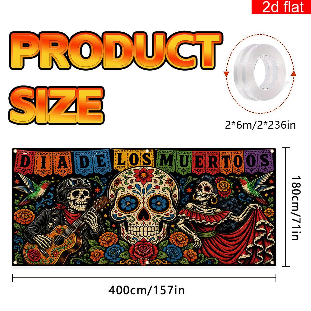 2D Flat Banner 1 Piece Halloween-themed Garage Door Cover Party Banner Polyester Day of the Deadzyc