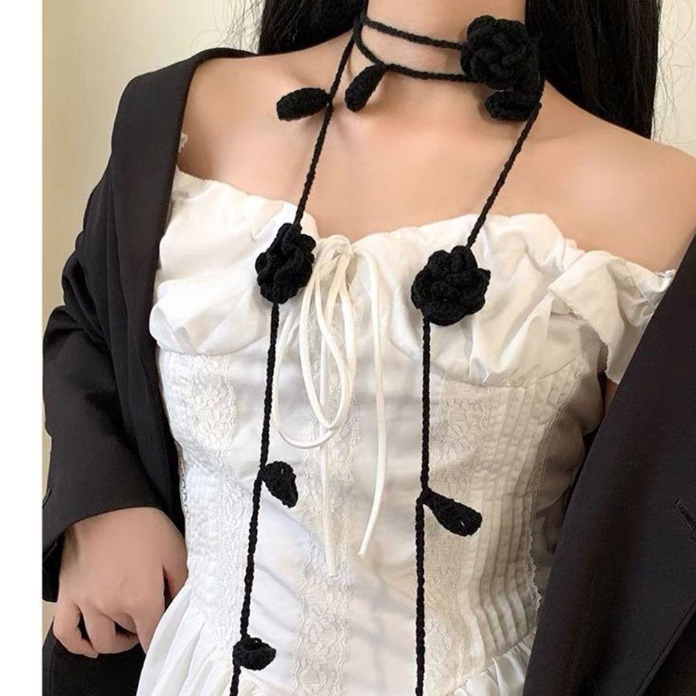 Crocheting Rose Flower Neck Chain Decoration Multicolor Rose Scarf Y2k Rose Necklace Girl