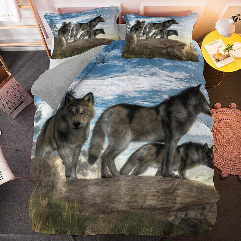 Wolf Duvet Cover Set Customized Fashion Wild Animals Moon Printed Bedding Set King Polyester Comforter Cover for Kids Boys Teen