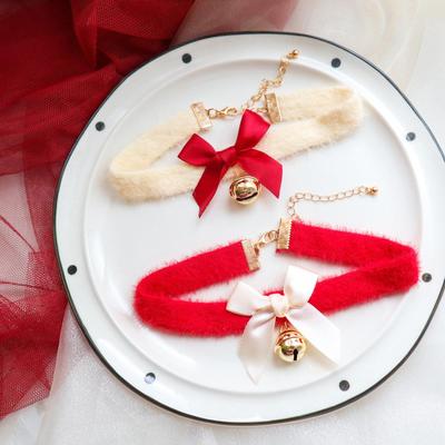 Fluffy Christmas Ornament Choker Necklace with Bell and Bow