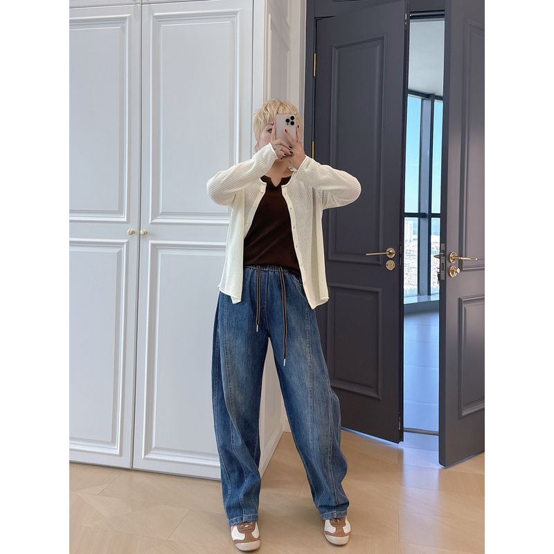 Vintage Drawstring Soft Denim Pants Plus Size Women's Clothing 100kg Comfortable Elastic High-Waisted Stylish Dad Jeans for Curvy Women