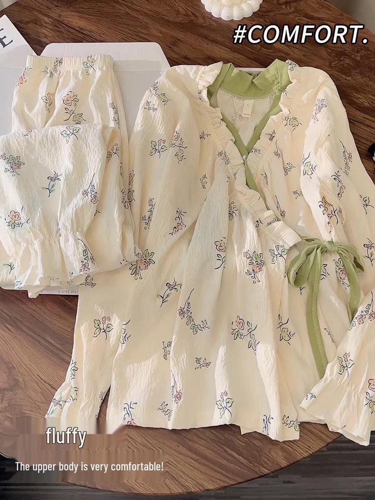 Frühjahr 2026 Damen Tragbares Wolkenbaumwoll-Bindepyjama-Set – Süßes, Niedliches, Bequemes Langarm-Oberteil und Hose