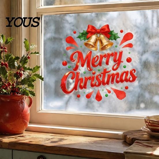 Christmas Party Decorations Merry Static Glass Sticker, Window Decals with Bell PVC Clings Elements, Removable for Home Store Holiday Festive Mirror