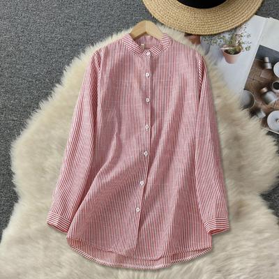 Women Shirt Stand Collar Long Sleeve Single Breasted Shirt Tops Vertical Striped Print Loose Fit Office