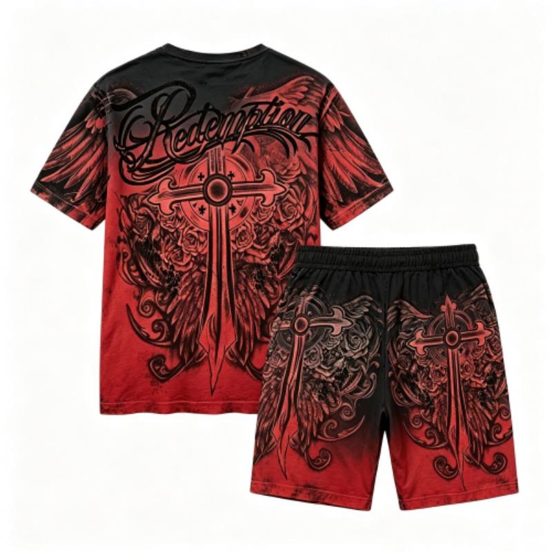 Sommer Gotischer Stil Kreuzschwert Aufdruck Rundhals Kurzarm T-Shirt und Shorts Set Herren und Damen T-Shirt Shorts Set