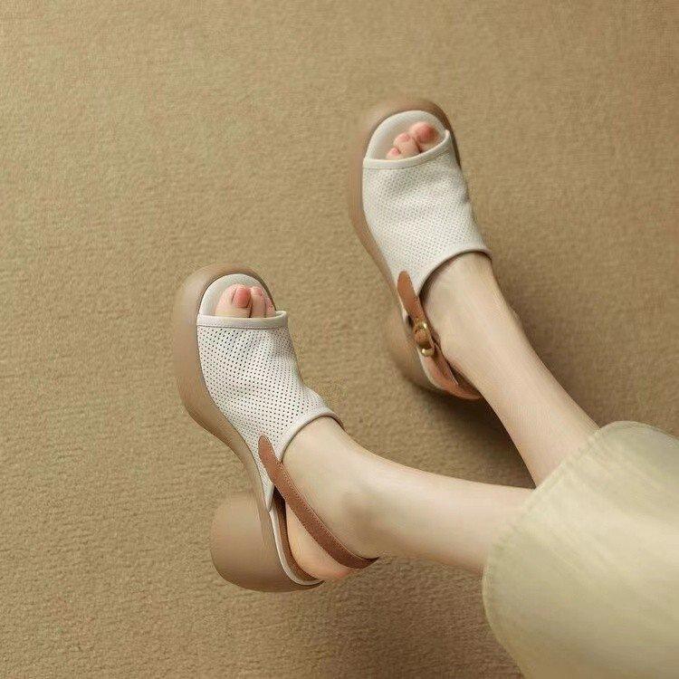 Premium soft leather Roman sandals women's 2025 new summer women's shoes fish mouth platform muffin shoes versatile high heels