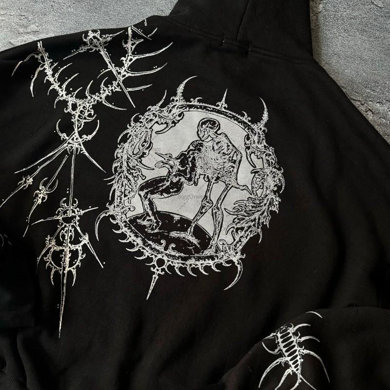 Y2K Gothic Retro Printed Hoodie Loose Fit Pullover Sweatshirt Men Women Teenagers