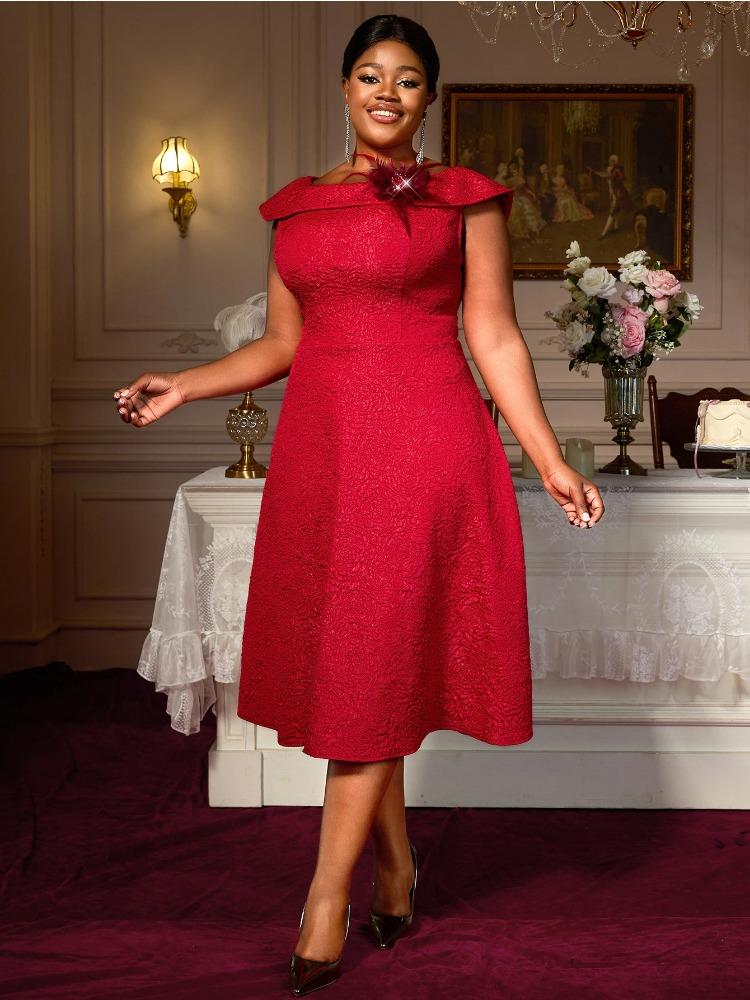 Elegant Jacquard A Line Party Dress for Women Boat Neck Sleeveless Design with Feather Detail Vintage Midi Gown for Wedding Guest or Evening cm rosso