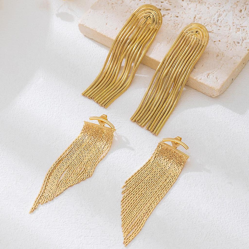 Copper Alloy Electroplated Steel Needle Tassel Earrings - Elegant European & American Design