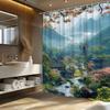 Polyester Shower Curtain-Misty Mountain Village with Cherry Blossoms,River Scene,Unlined, Woven Fabric,All-Season Bathroom Dec