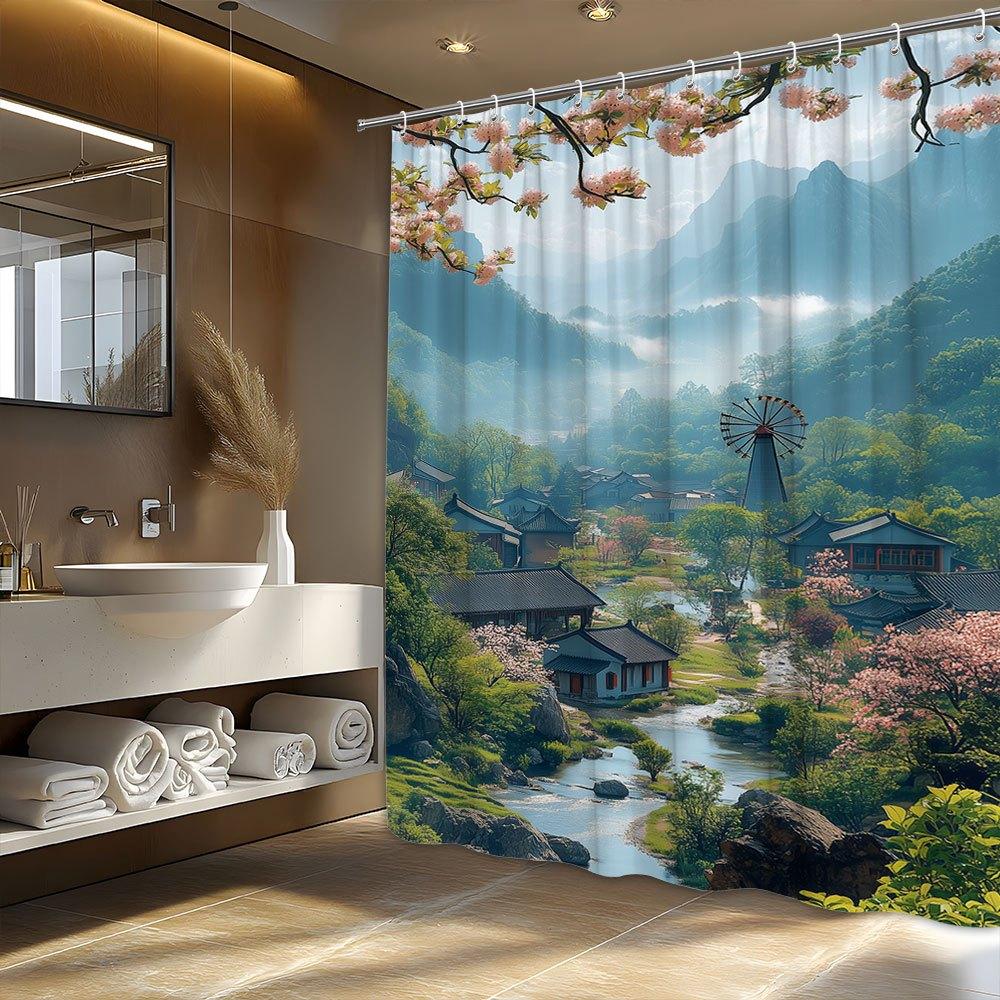Polyester Shower Curtain-Misty Mountain Village with Cherry Blossoms,River Scene,Unlined, Woven Fabric,All-Season Bathroom Dec