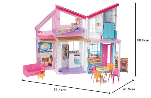 Barbie Malibu House (Doll Sold Separately) Dress-Up Doll House for Pretend Play, Ages 3 and Up, Pink, FXG57