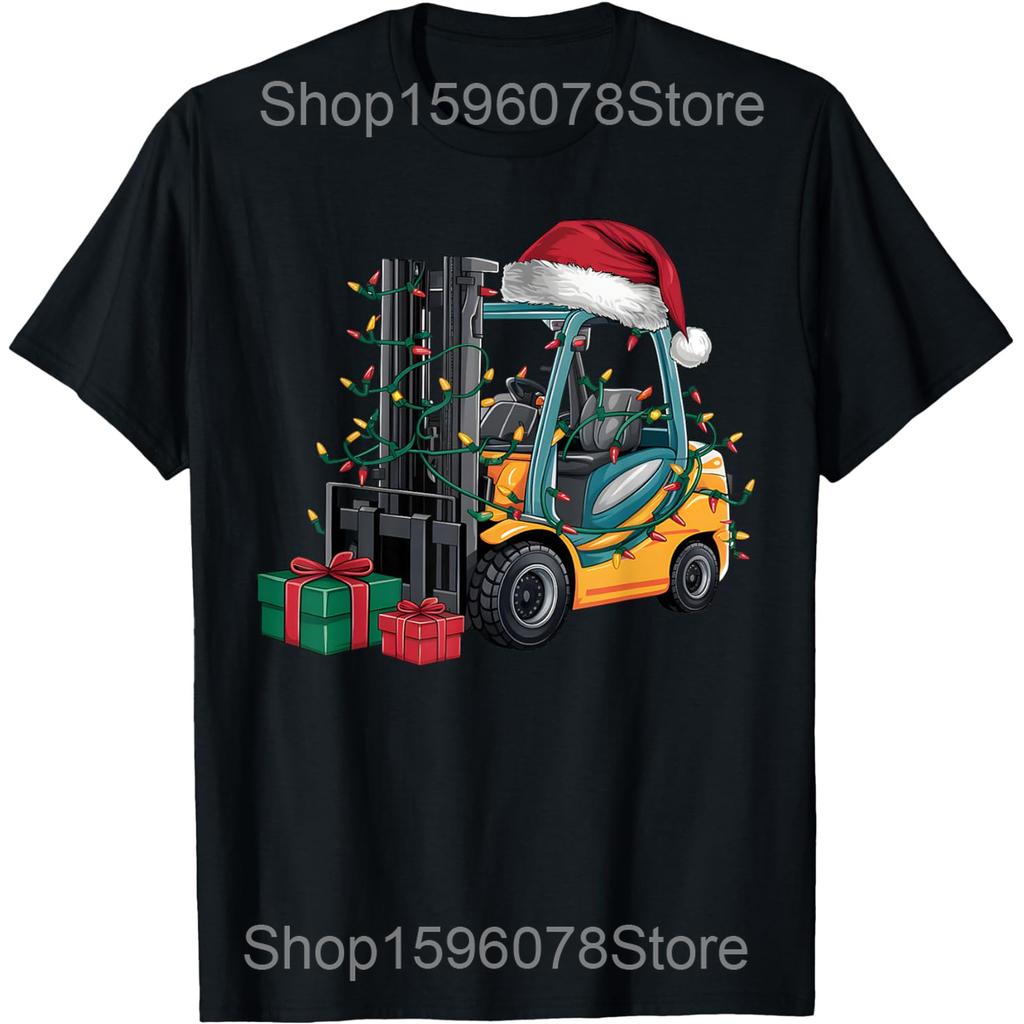 Forklift Lover Xmas Lighting Ugly Christmas T Shirts Men Cotton Humor Streetwear Tee Short Sleeve Unisex Loose Clothing
