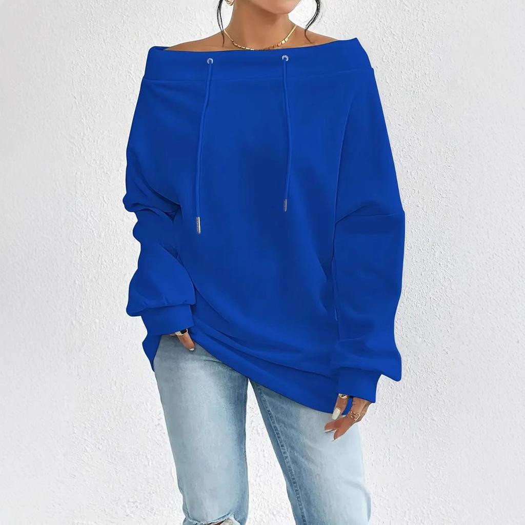 Women's Off Shoulder Long Sleeve Top Loose Fit Casual Solid Color Drawstring Midi Sweatshirt Daily Pullover