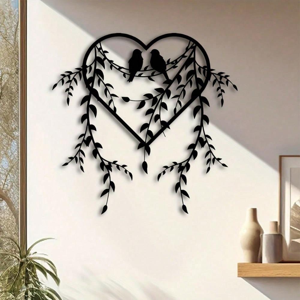 1pc Elegant Bird And Ivy Metal Wall Art - Black Heart Shaped Branch Decor, Suitable For Bedroom, Indoor Outdoor Courtyard