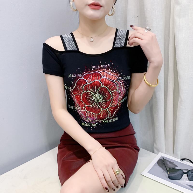 

Уличная одежда для девушек, летние футболки, новые шикарные роскошные топы с горячими бриллиантами, классическая женская сексуальная блузка с открытыми плечами, приталенная, с цветочным принтом 3XL чёрный