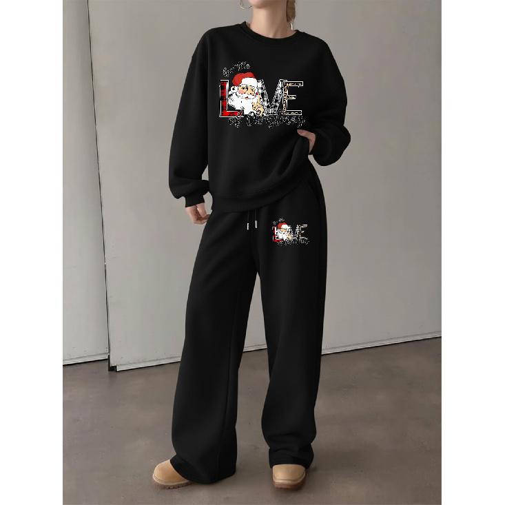 Women's Crewneck Sweatshirt & Drawstring Straight-Leg Pants Set, Christmas Print Loungewear, Loose Comfortable Holiday Casual 2-Piece Outfit