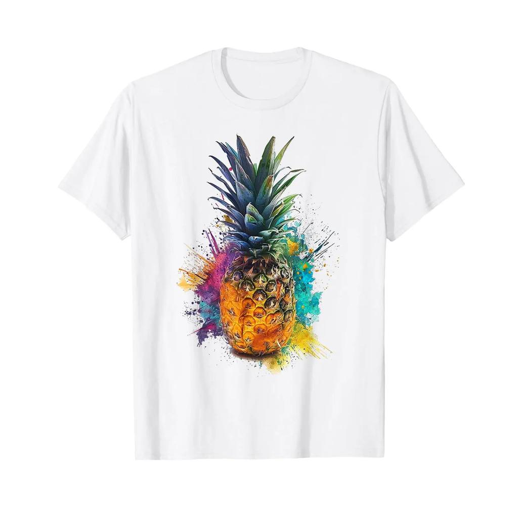 Pineapple Colorful Watercolor Fruit Art T Shirt White vintage Washed Unisex designer clothes Comfortable homme streetwear