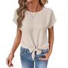 Women Casual Short Sleeve Knot Front T Shirt Blouse Crew Neck Loose Fit Summer Basic Top Comfortable Lightweight Tee