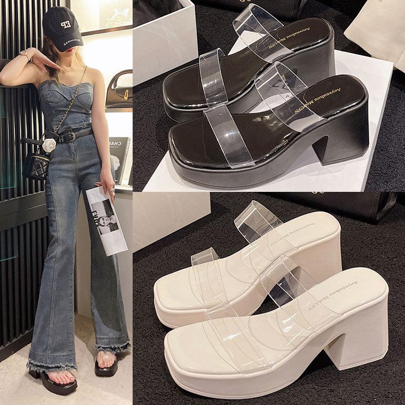 Transparent one-word sandals waterproof table thick-soled thick-heeled cool slippers women's summer wear 2025 new high-heeled slippers