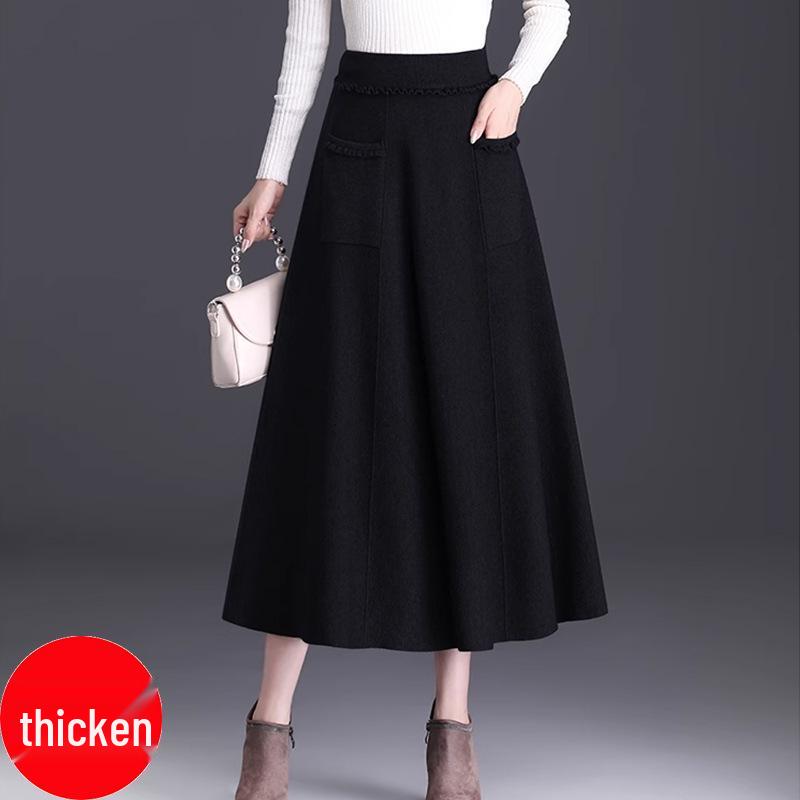 Knitted Woolen A-Line Midi Skirt - Thick, Pleated, and Slimming for Autumn/Winter