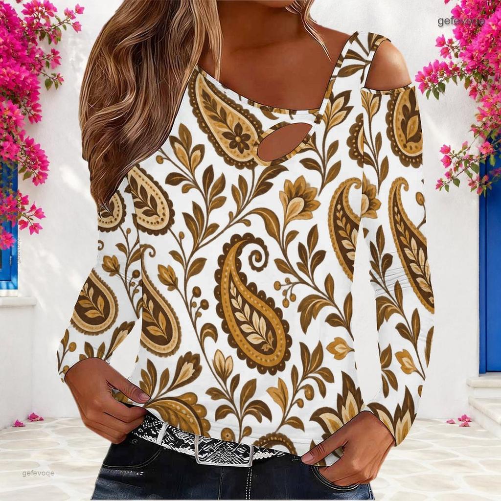 Women Plus Size Asymmetric Cutout Neck Cold Shoulder Long Sleeve Paisley Printed Blouse