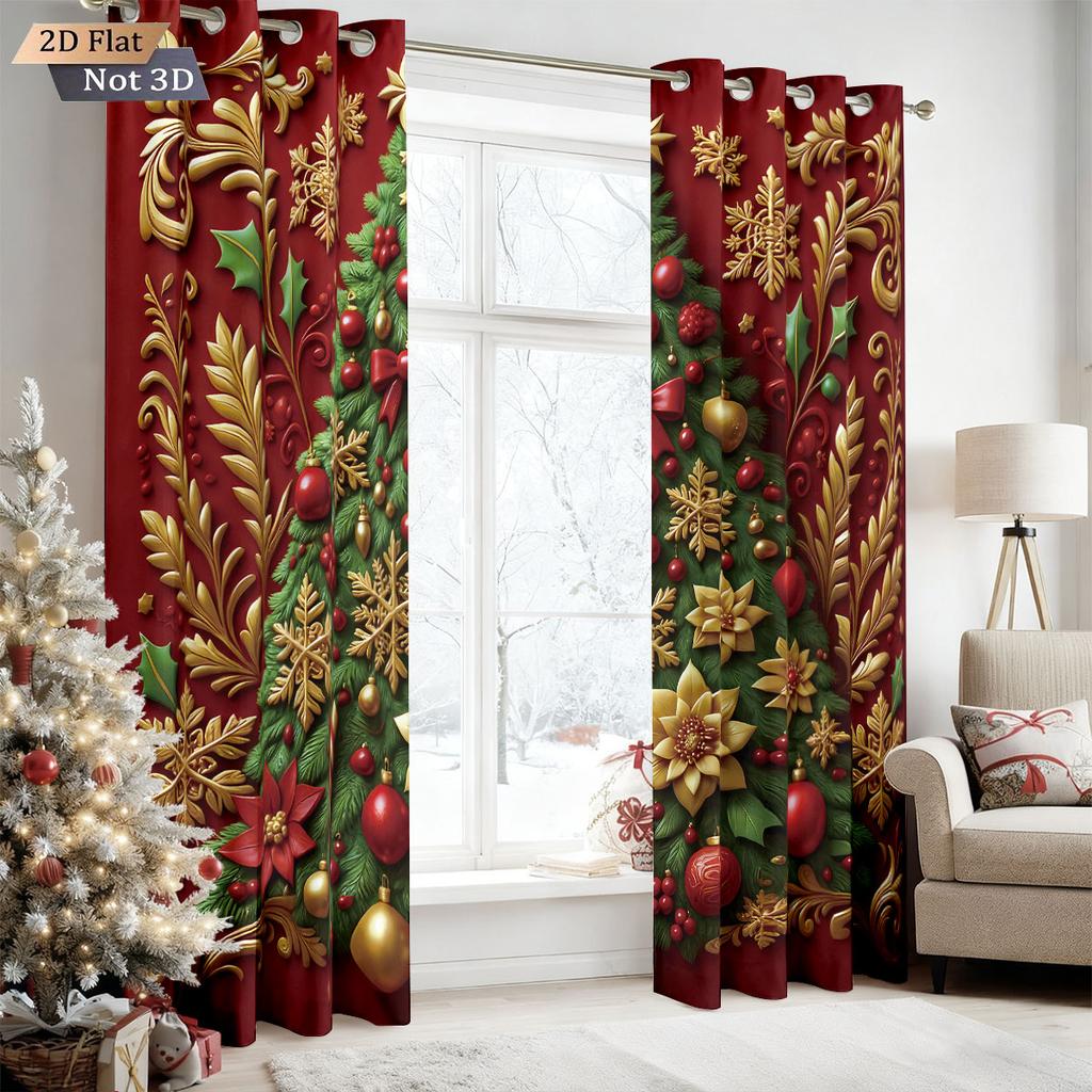 Red Christmas Tree Print Curtains Insulation Multiple Sizes Living Room Holiday Decoration Blackout Set Of 2 Made Polyester Machine Washable Decor