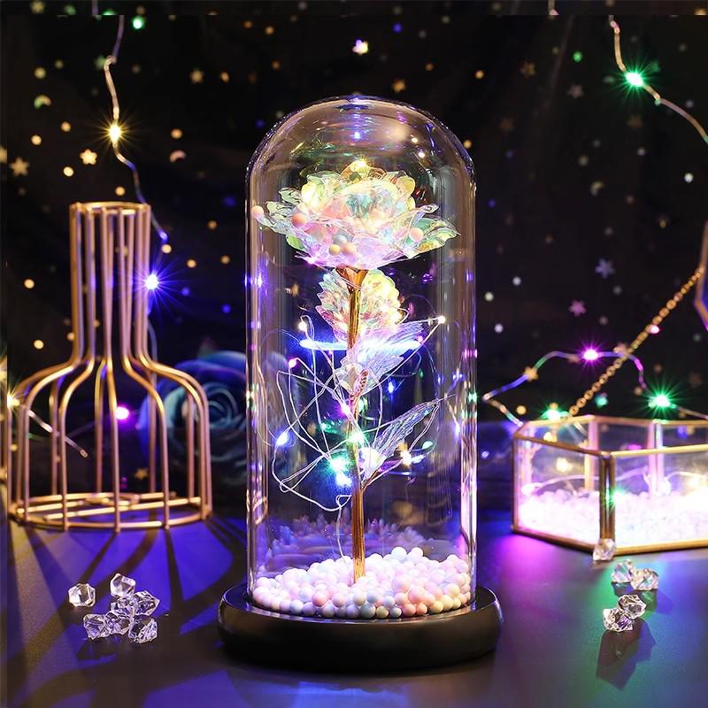 LED Rosegold Folie Konservierte Blume Glaskuppel - Kreatives Geschenk für Valentinstag & Frauentag