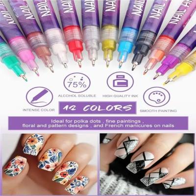 1Set Waterproof 12 Color Nail Art PenSet Graffiti Nail Markers for ManicureExtra Fine 0.5mm Acrylic Paint Pens for Nail Painting