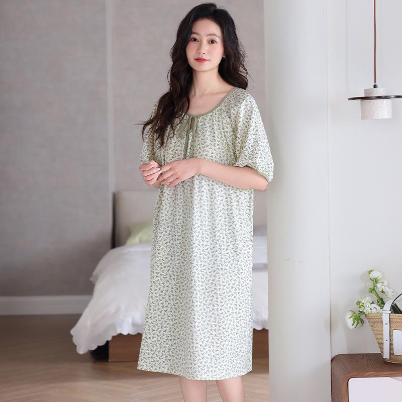 Pajamas Women's Summer with Chest Pads Short Sleeves Cotton Pajamas Skirts Long Summer Thin Maternity Large Size Dresses