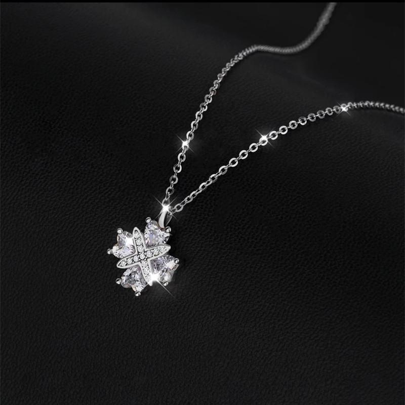 White Gold Heart & Four-Leaf Clover Necklace - Elegant Pendant Gift for Girlfriend