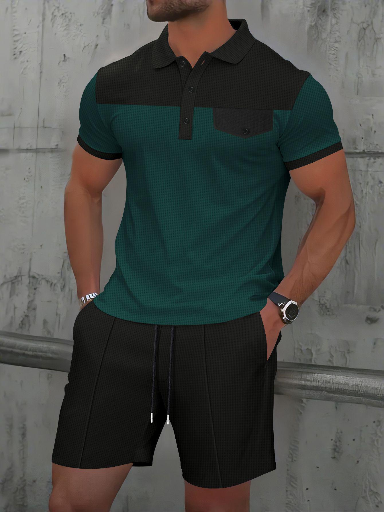 

Men s Summer Waffle Button Lapel T-Shirt & Shorts Set L темно-зелений колір