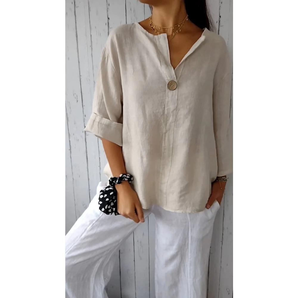 Été Nouveau T-shirt Ample Femme Col V Coton Chanvre Bouton Haut