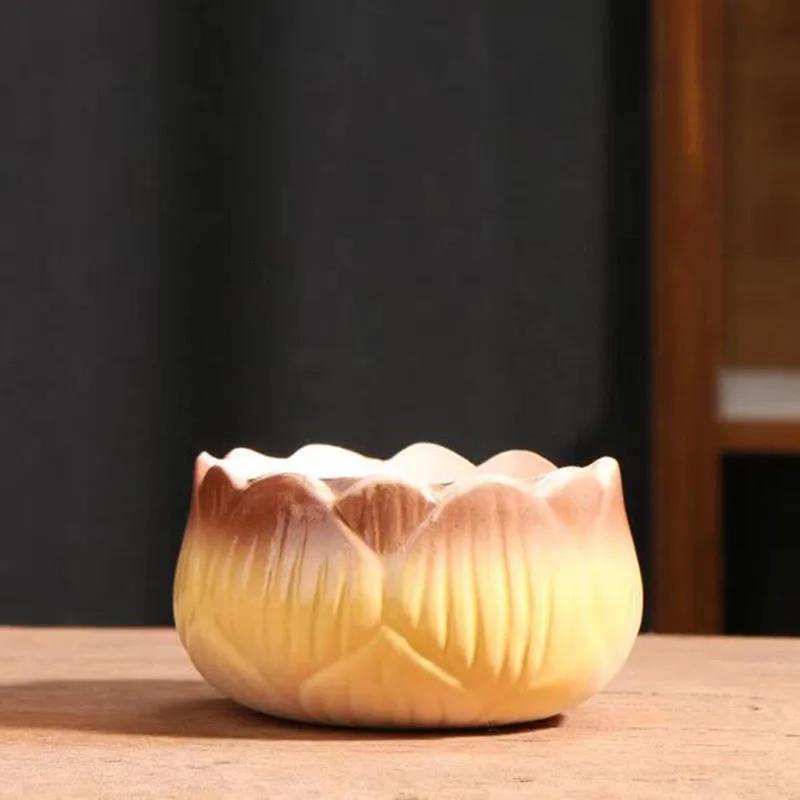 Gradient Lotus Shaped Ceramic Succulent Pot Breathable Coarse Pottery Flower Pot for Home Office Desktop Decor