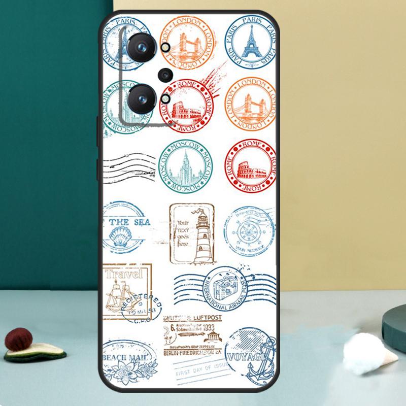 Retro Post Card Passport Stamps For Realme GT 7 Pro GT 5 6 6T C67 C61 C55 C53 C51 C21Y C25S C75 10 11 12 13 14 Pro Plus Case