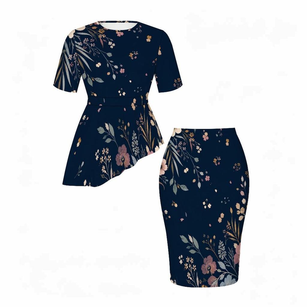 Women Plus Size Dark Green Gold Floral Printed Round Neck Short Sleeve Asymmetric Top Fitted Skirt Two Piece Set