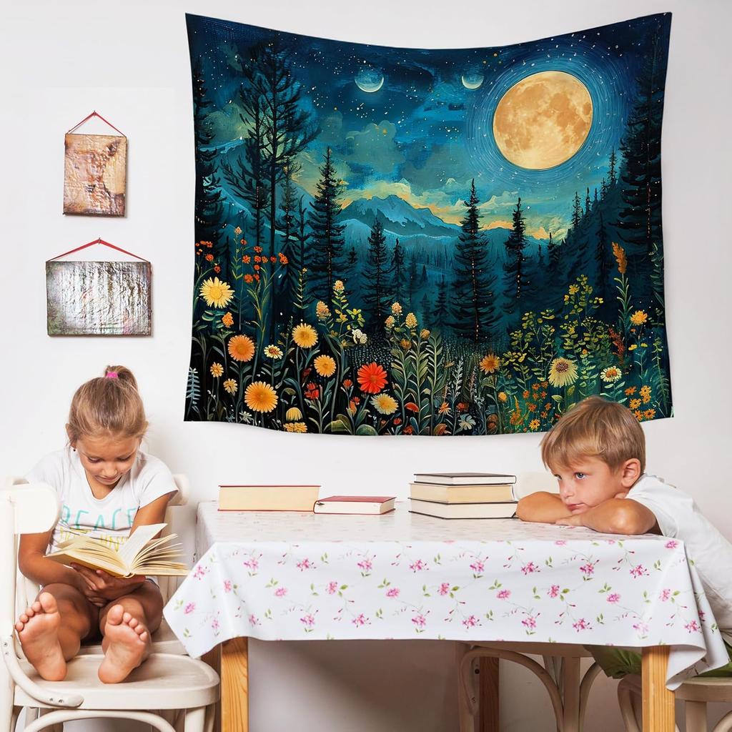 Mystical Moonlit Forest Tapestry, Fantasy Wildflower Woods Tapestry Wall Hanging, Dark Cottagecore Starry Night Sky Wall Blanket