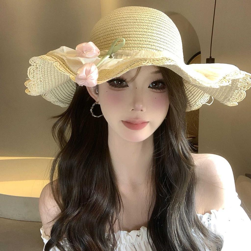 New wavy straw hat summer visor hat flower seaside beach vacation new sun protection brim sun hat