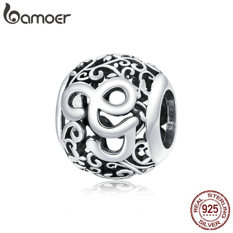 BAMOER 925 Silver Retro Letter Charms Hollowed Alphabet A-Z Round Beads for Women Bracelet DIY Jewelry Making