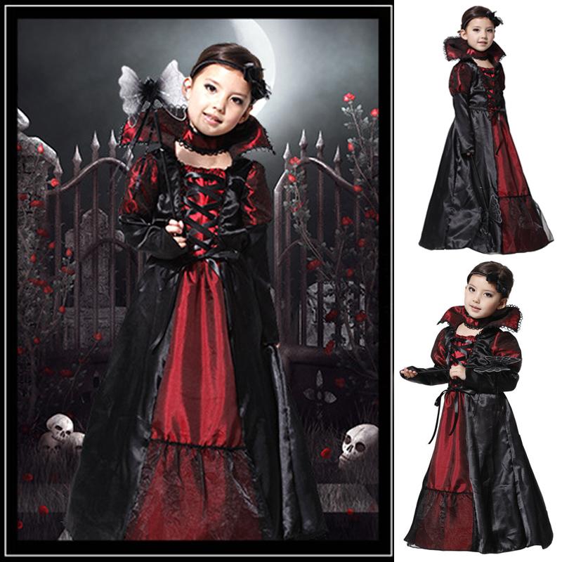 Vampire Costume Maxi Long Dress Kids Girls Halloween Witch Fancy Dress Party