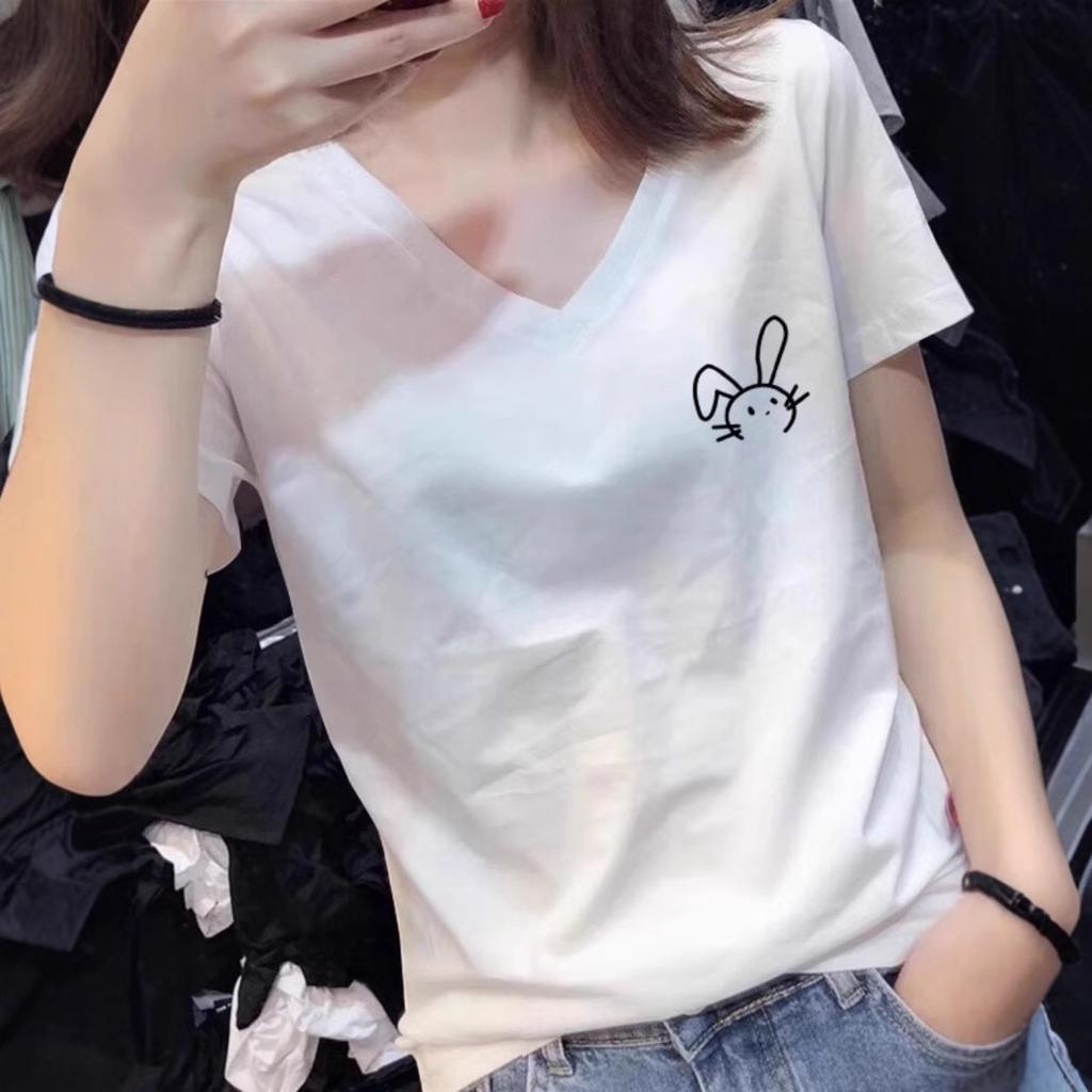 White Low V-neck T-shirt Women's Short-sleeved Summer Wear 2025 New Popular Pure Cotton Loose Top Large Neckline T-shirt
