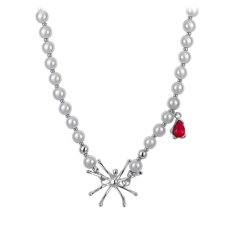 

Spider blood drop ruby pendant pearl necklace female summer ins tide personality collarbone chain hip hop necklace tide