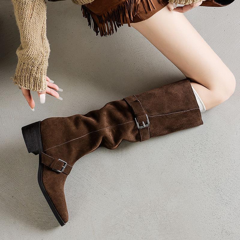 

Длинные сапоги, но полусапоги до колена женские 2025 осень и зима новый зарубежный стиль универсальные сапоги-чулки на среднем каблуке рыцарские сапоги ковбойские сапоги 40