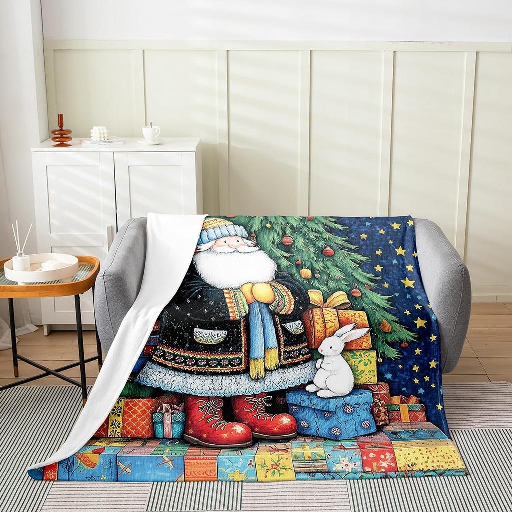 Winter Snowman Throw Blanket Cartoon Farmhouse Rustic Style Flannel Blanket for Kids Teens Adults Watercolor Pine Trees White
