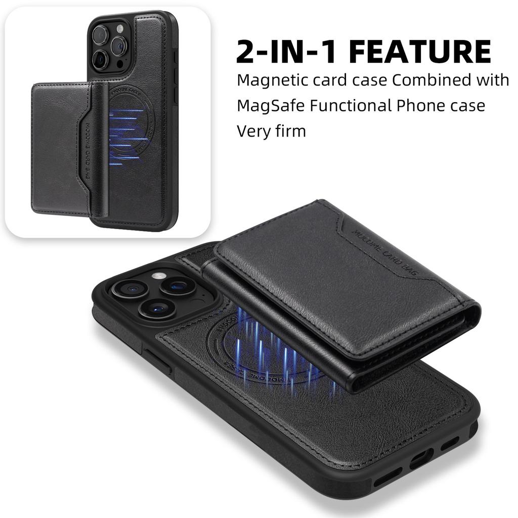 For iPhone 15 Pro Magnetic Case Leather Back Phone Cover with Detachable Card Bag